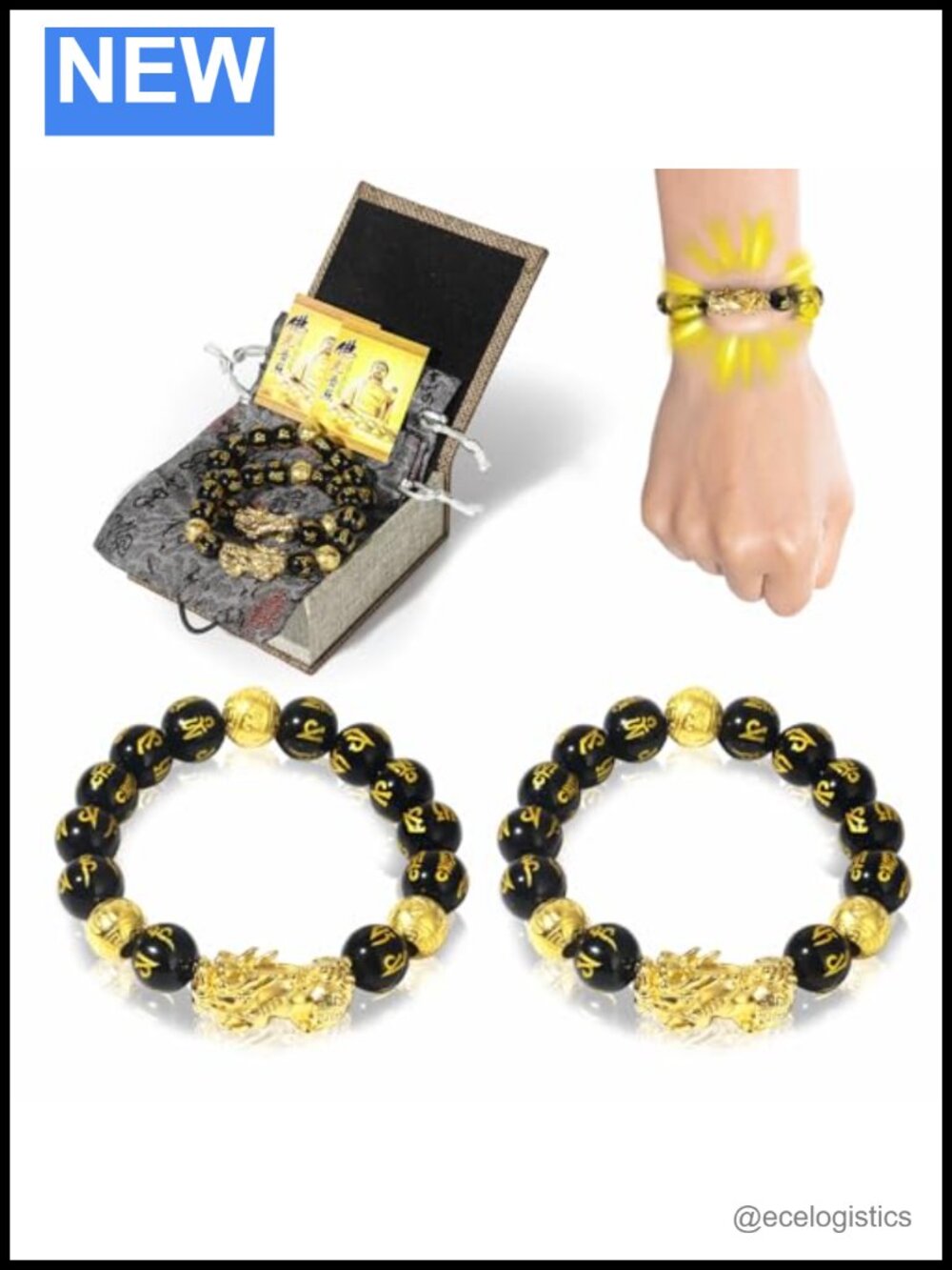 Feng Shui Obsidian Bracelet 24K Gold Plated Pixiu Dragon Protection Unisex